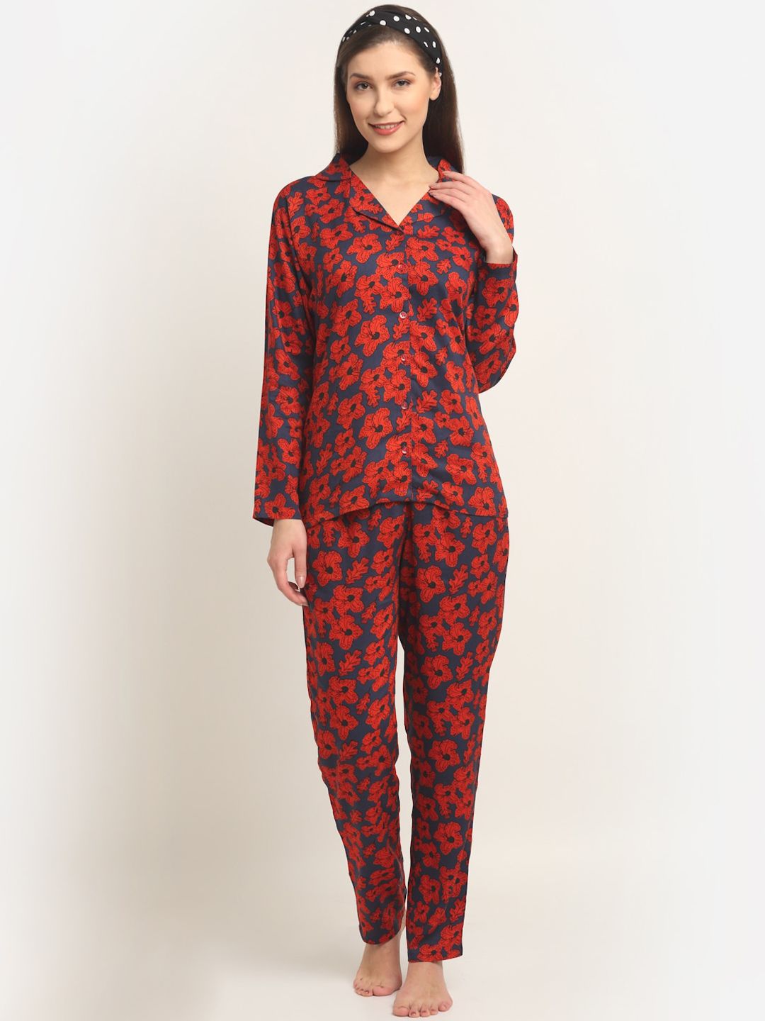 Claura Women Navy Blue & Red Floral Printed Cotton Night Suits Price in India