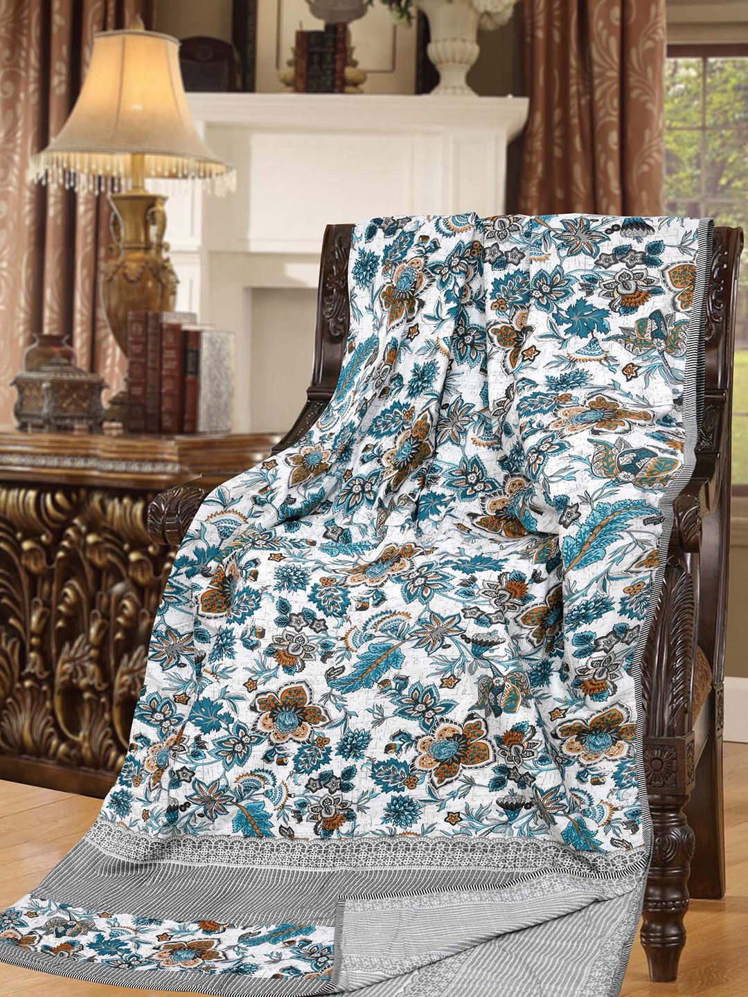 JAIPUR FABRIC Grey & Blue Floral AC Room 210 GSM Double Bed Dohar Price in India