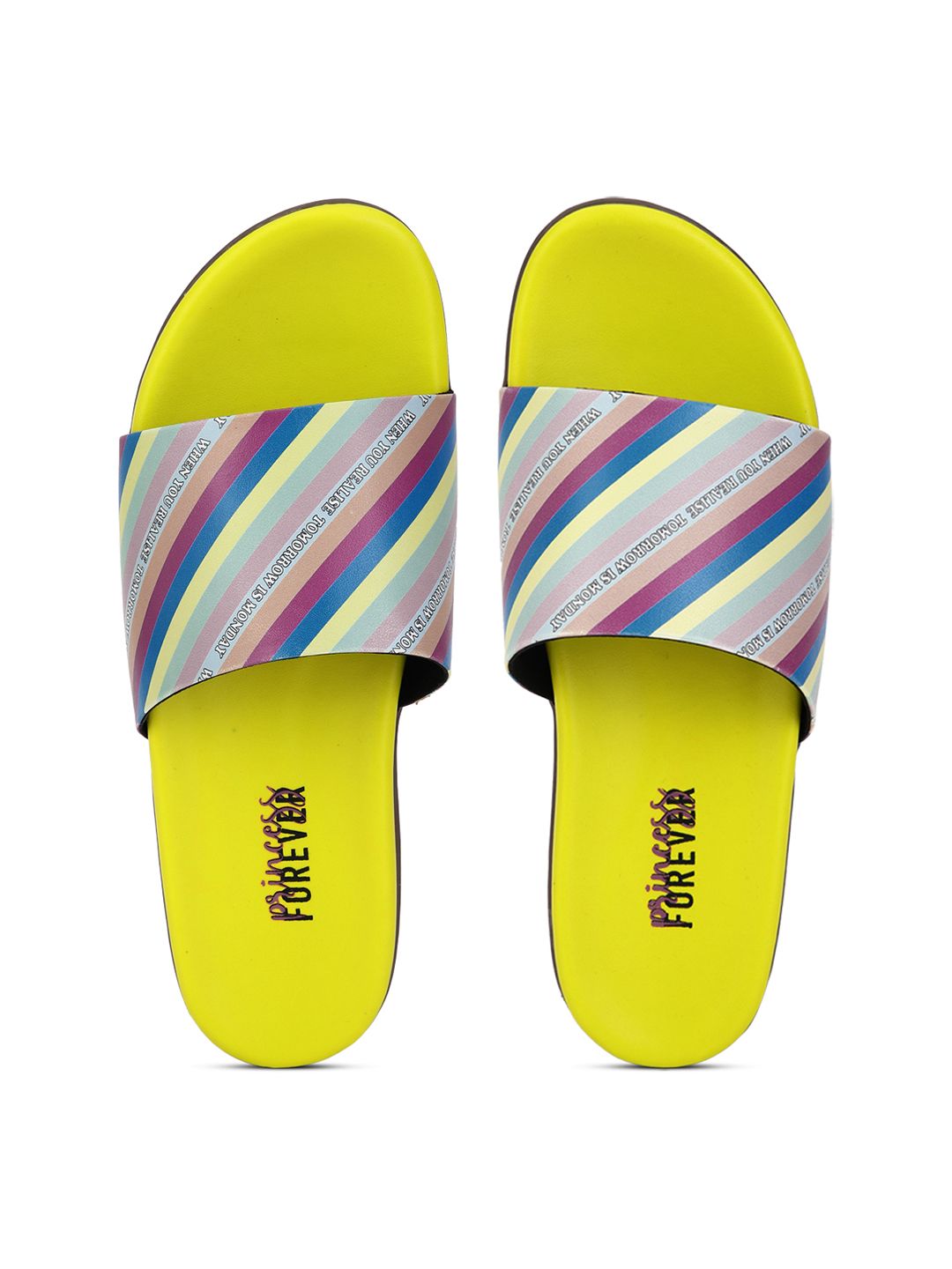 FOREVER 21 Women Fluorescent Green & Grey Striped Sliders Price in India