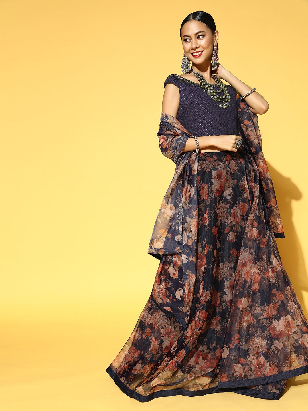 Soch Navy Blue Embroidered Unstitched Lehenga Choli with Dupatta Price in India