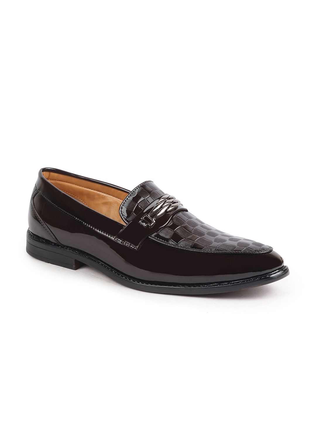 FAUSTO Men Brown Textured Patent Leather Loafers