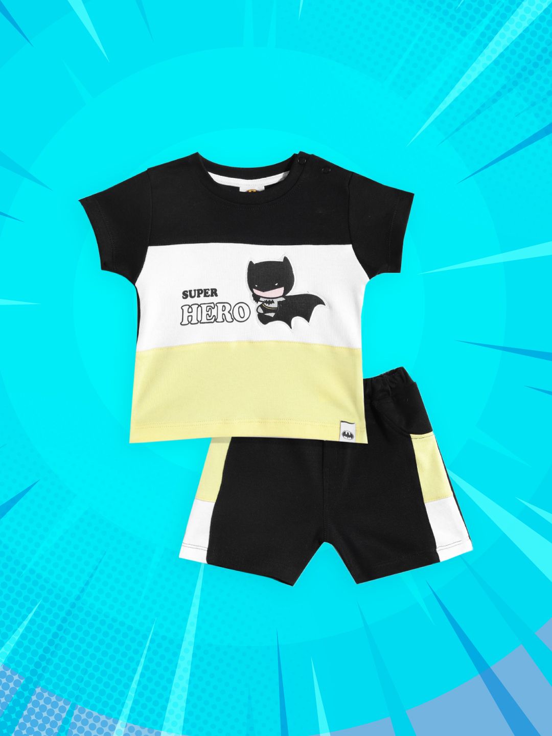 Moms Love Infant Boys Black & White Colourblocked Batman Applique Cotton Tshirt & Shorts