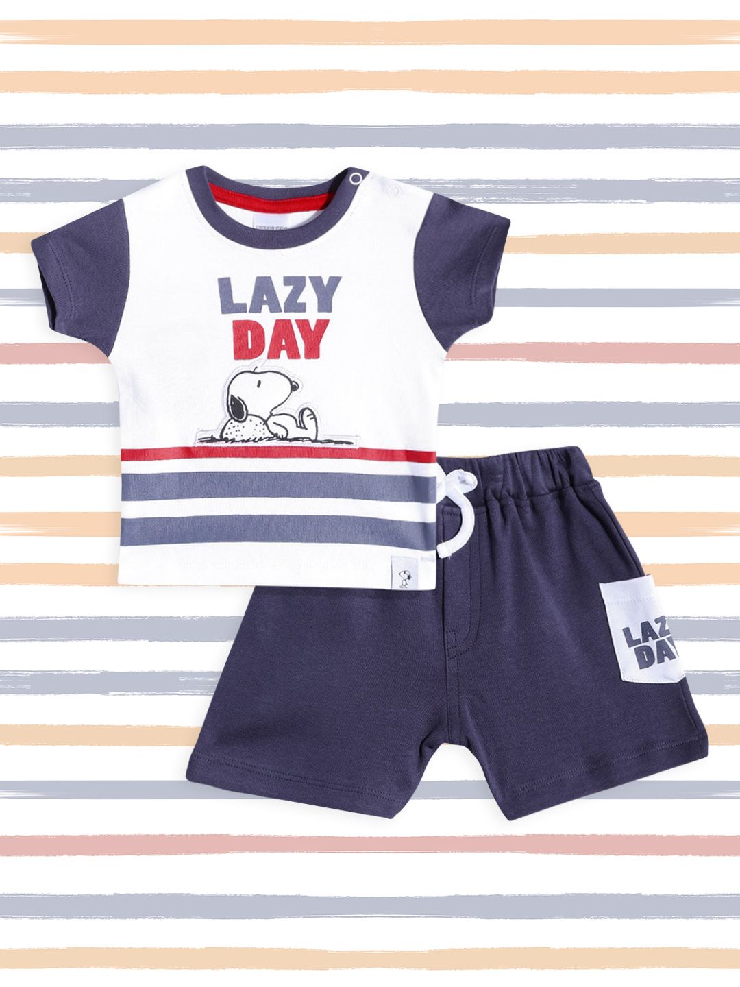 Moms Love Infant Boys White & Blue Snoopy Applique Pure Cotton T-shirt with Shorts