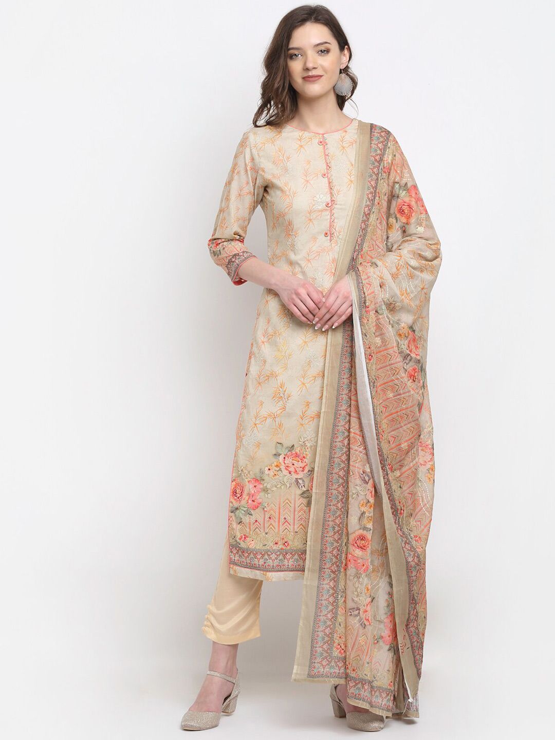 Stylee LIFESTYLE Beige Printed Pure Cotton Unstitched Dress Material Price in India