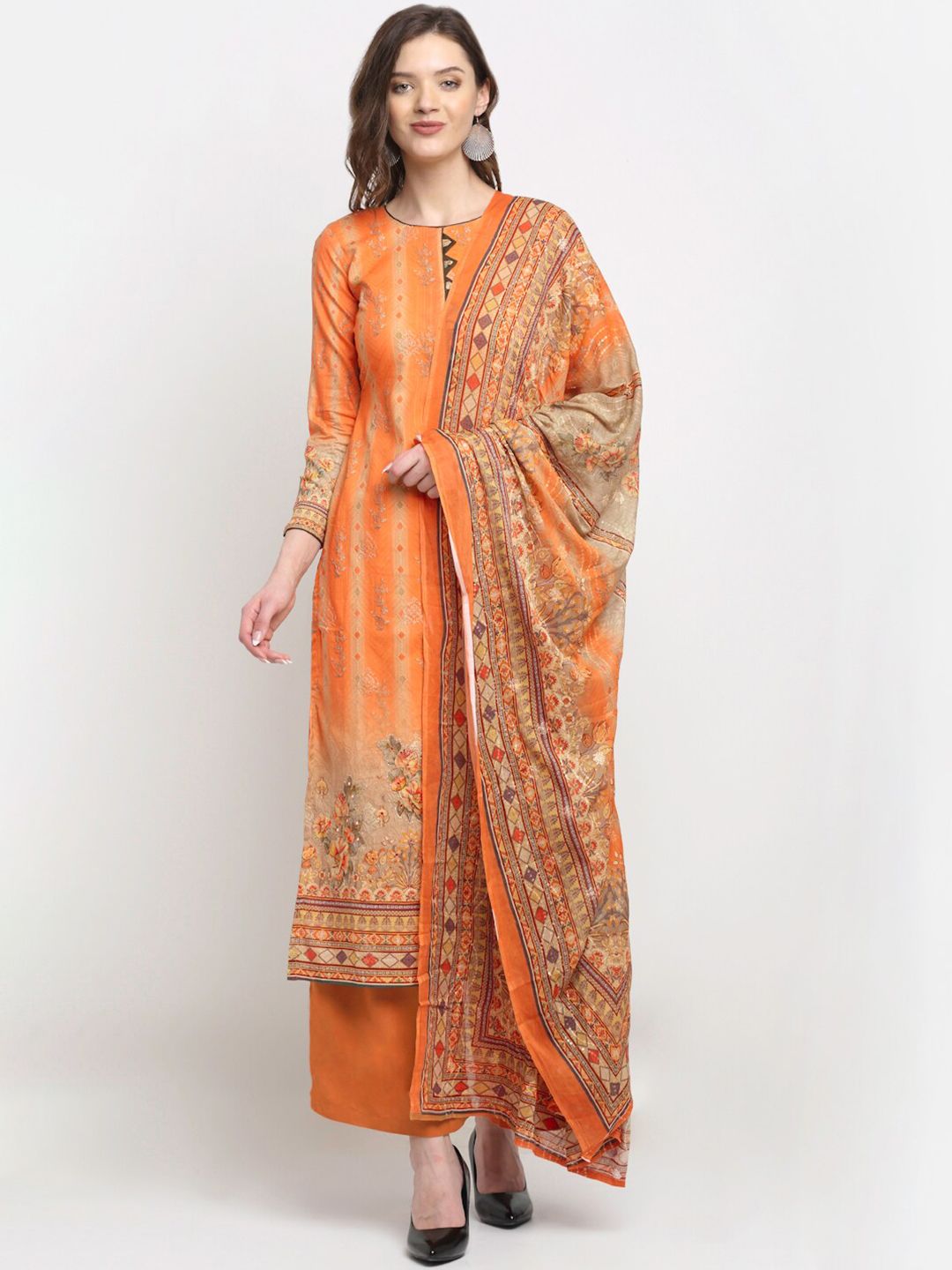 Stylee LIFESTYLE Women Orange Printed Cotton Unstitched Dress Material Price in India