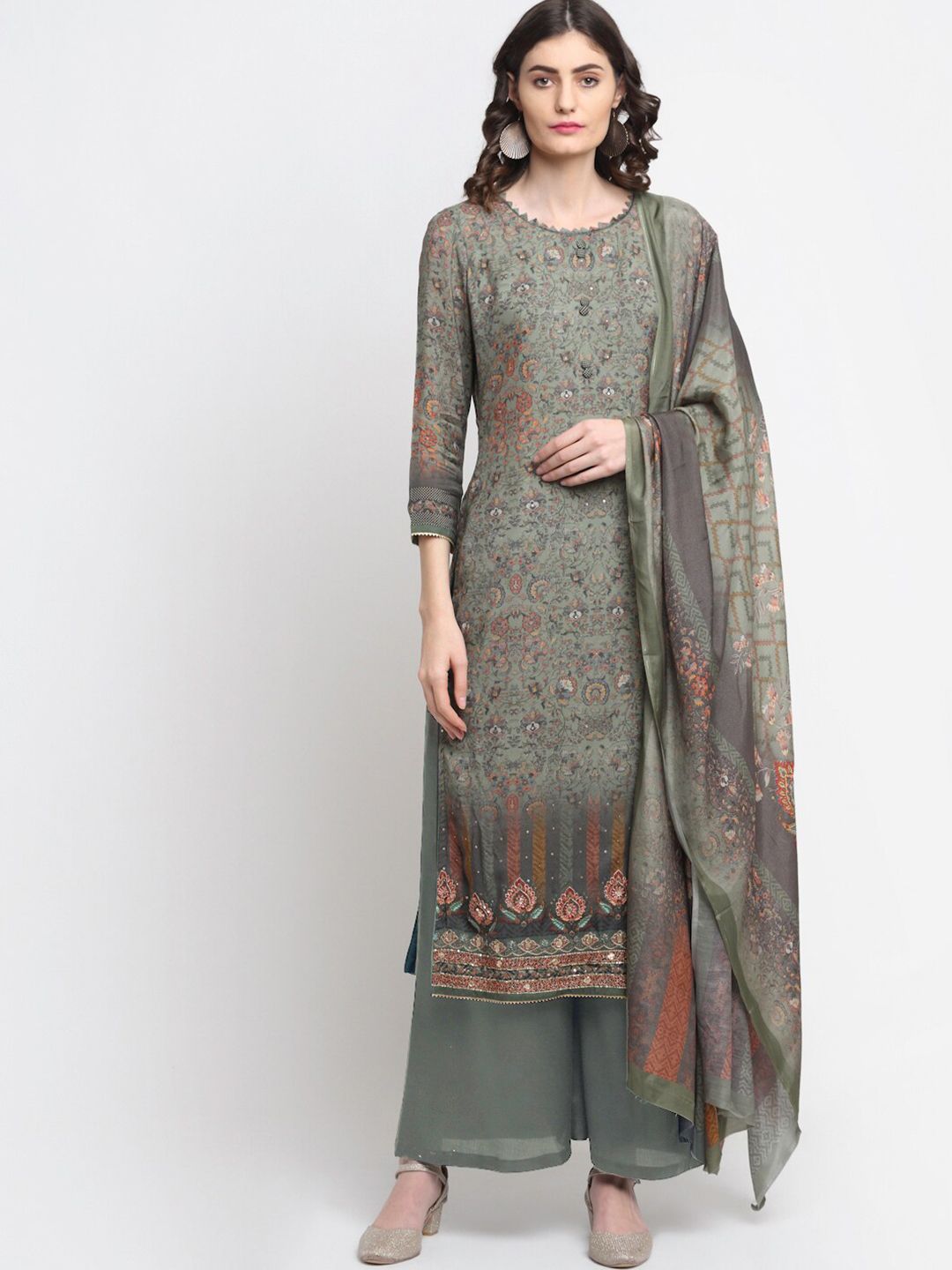 Stylee LIFESTYLE Green & Brown Printed Pure Silk Unstitched Dress Material Price in India