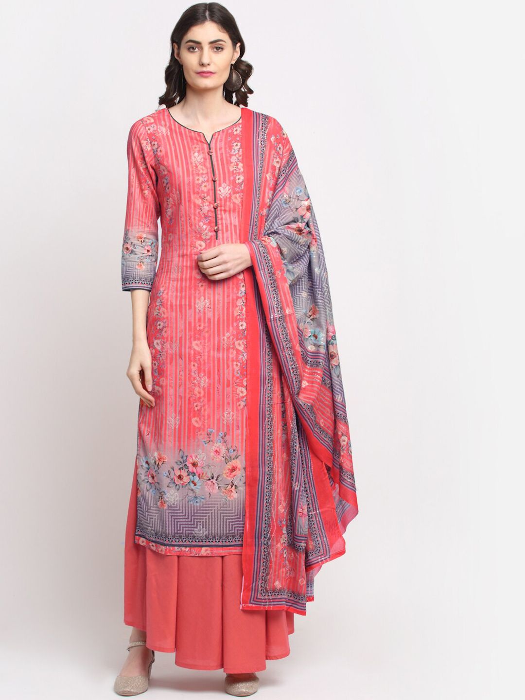 Stylee LIFESTYLE Coral & Grey Printed Pure Cotton Unstitched Dress Material Price in India