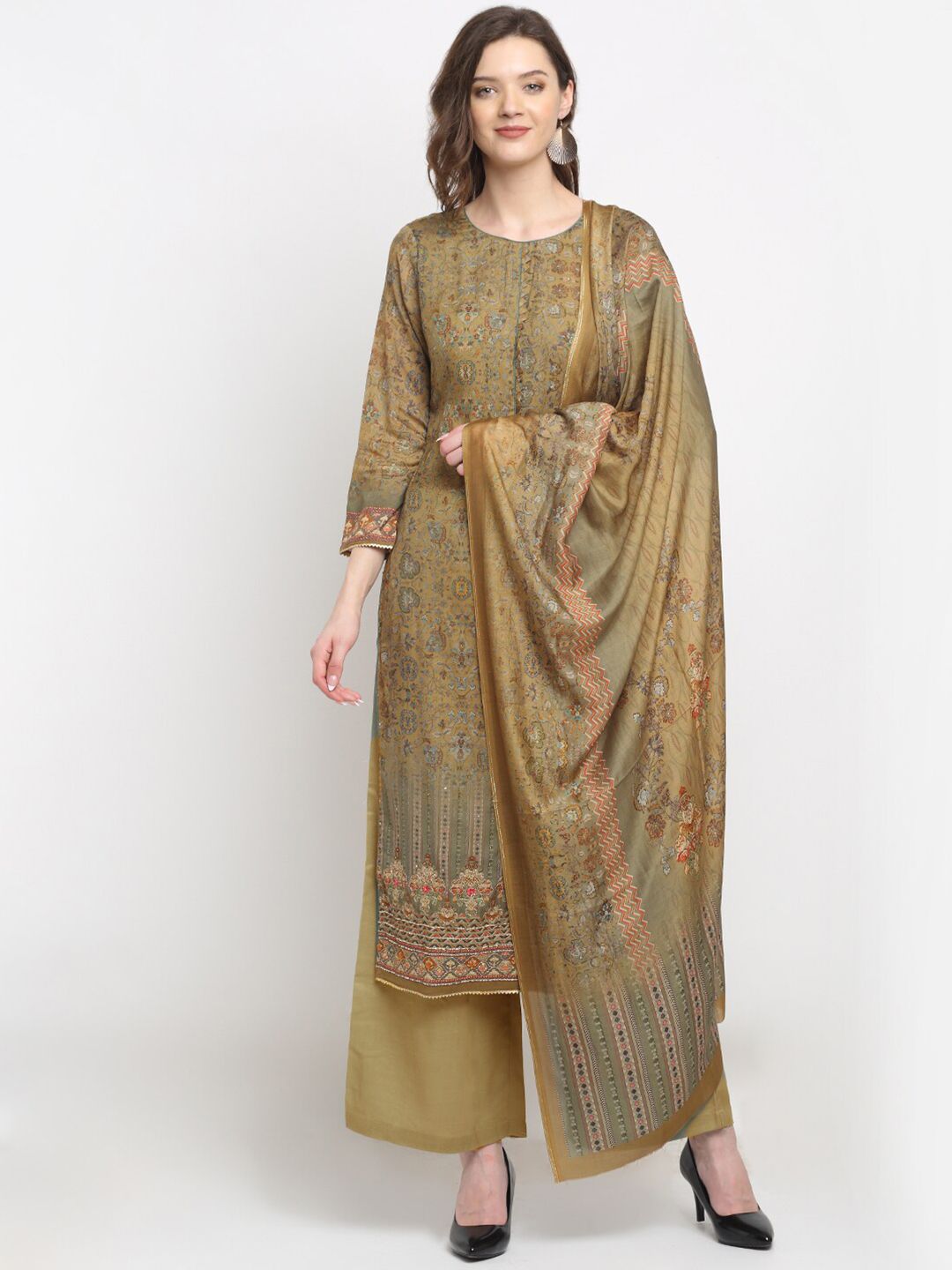 Stylee LIFESTYLE Green & Grey Printed Pure Silk Unstitched Dress Material Price in India