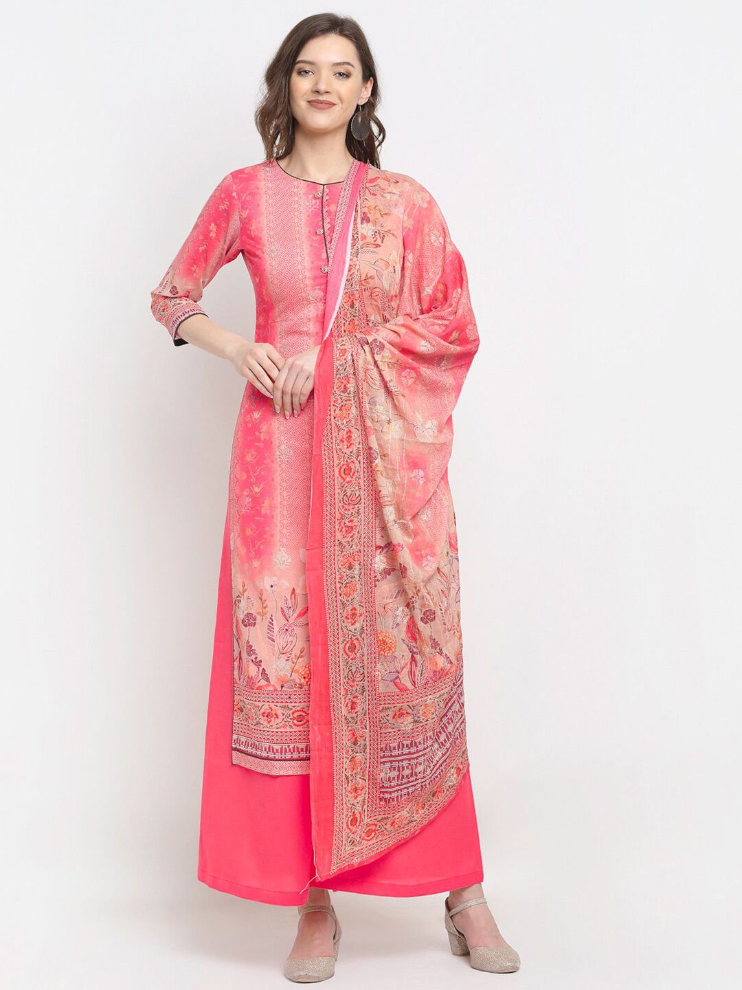 Stylee LIFESTYLE Women Pink & Tan Printed Unstitched Dress Material Price in India