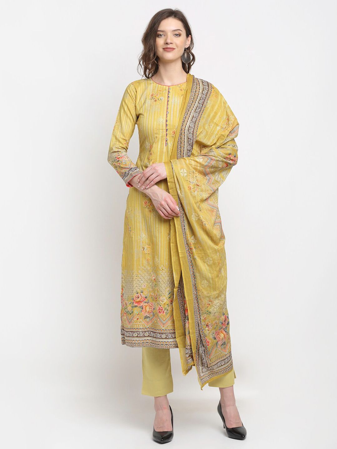 Stylee LIFESTYLE Yellow & Red Printed Pure Cotton Unstitched Dress Material Price in India