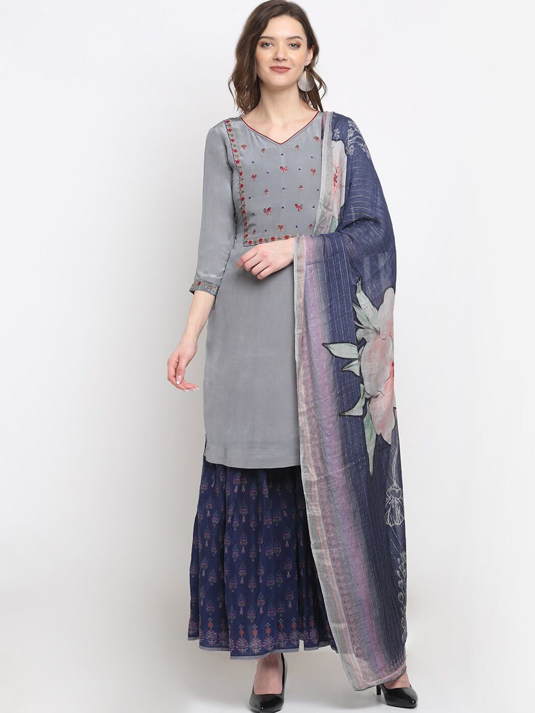 Stylee LIFESTYLE Women Grey & Navy Blue Embroidered Unstitched Dress Material Price in India