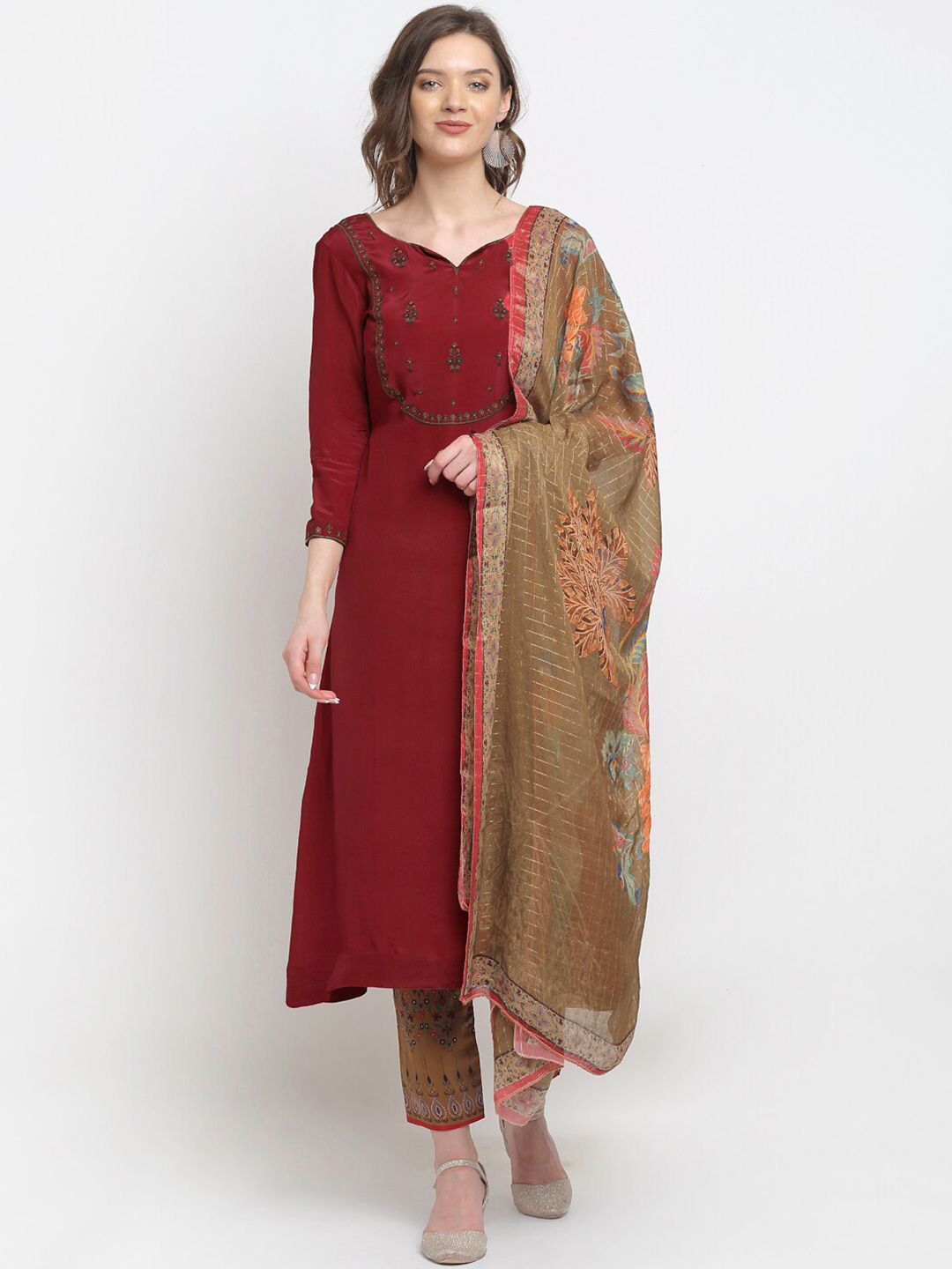 Stylee LIFESTYLE Maroon & Camel Brown Embroidered Unstitched Dress Material Price in India