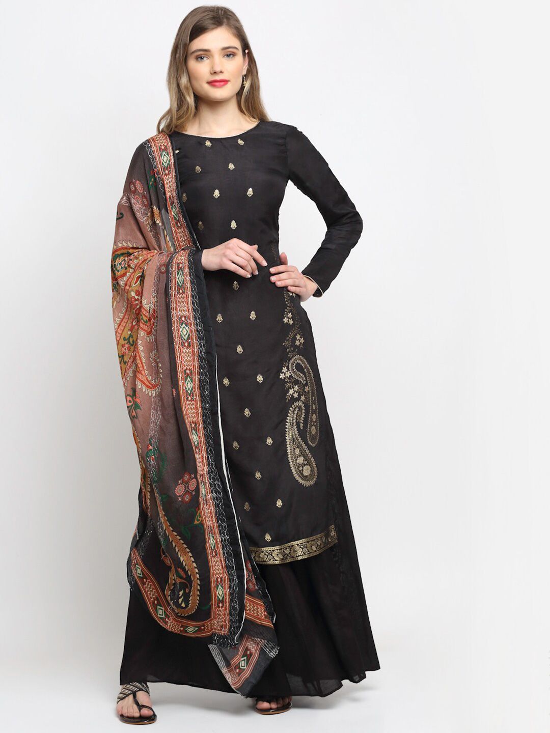 Stylee LIFESTYLE Black & Orange Printed Pure Silk Unstitched Dress Material Price in India