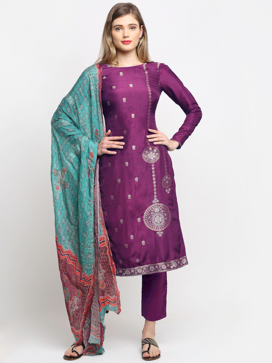 Stylee LIFESTYLE Purple & Blue Ethnic motifs Pure Silk Jacquard Unstitched Dress Material Price in India