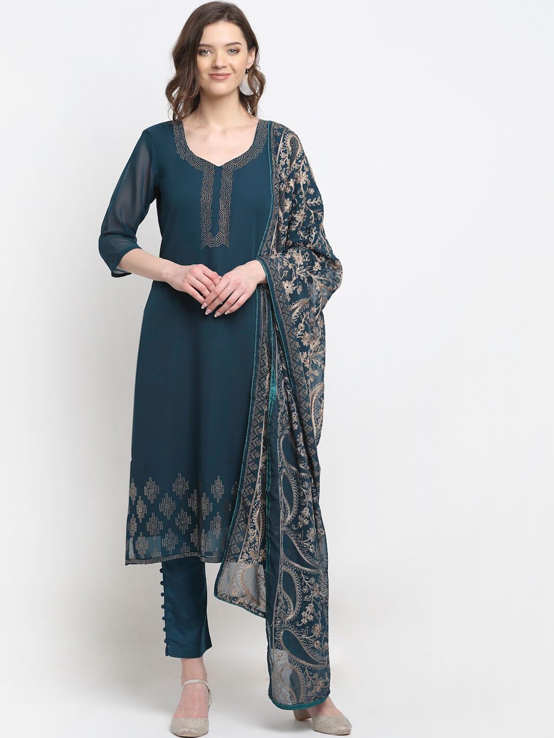 Stylee LIFESTYLE Teal & Gold-Toned Embellished Embroidered Unstitched Dress Material Price in India