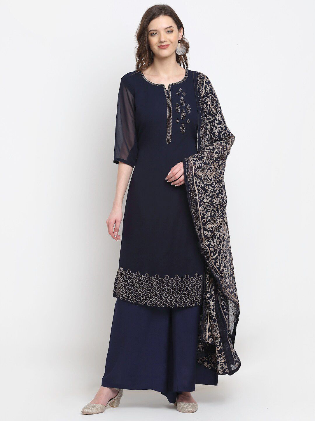 Stylee LIFESTYLE Navy Blue & Gold-Toned Embroidered Unstitched Dress Material Price in India