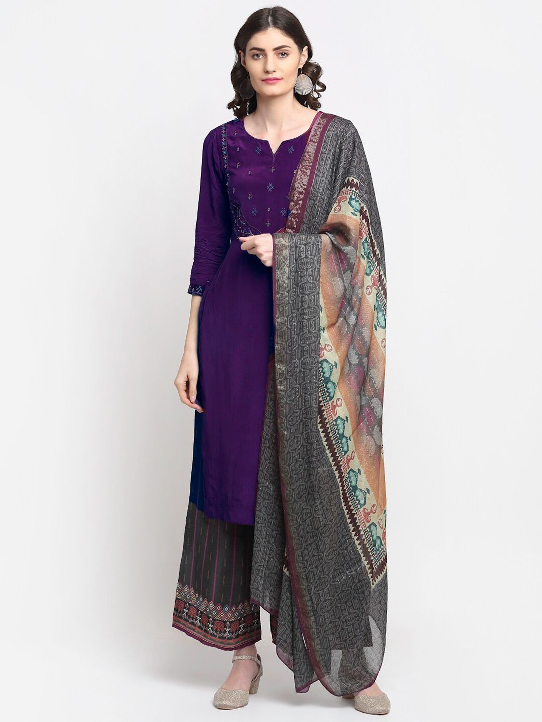 Stylee LIFESTYLE Purple & Grey Embroidered Unstitched Dress Material Price in India