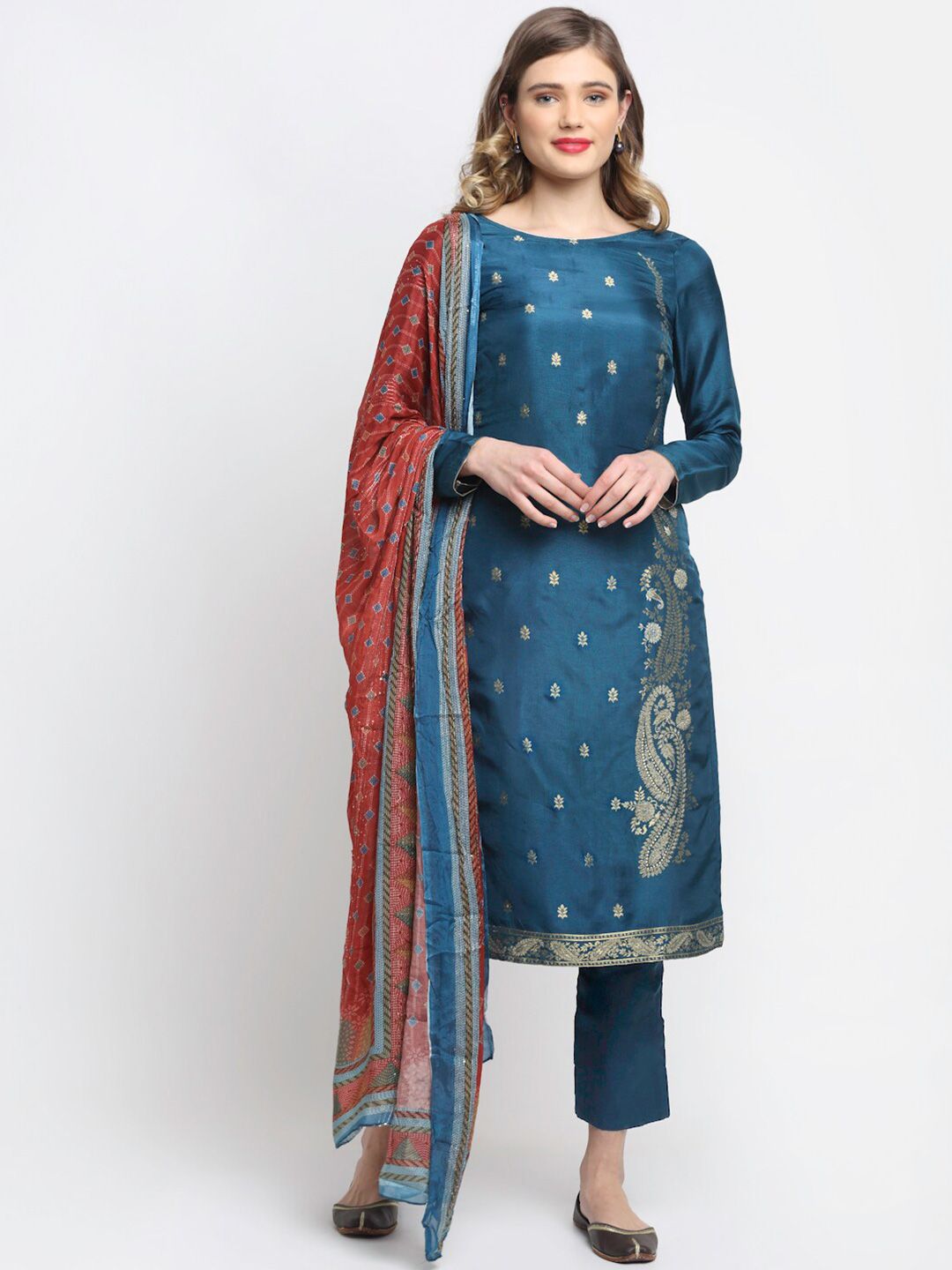 Stylee LIFESTYLE Teal & Red Pure Silk Unstitched Dress Material Price in India