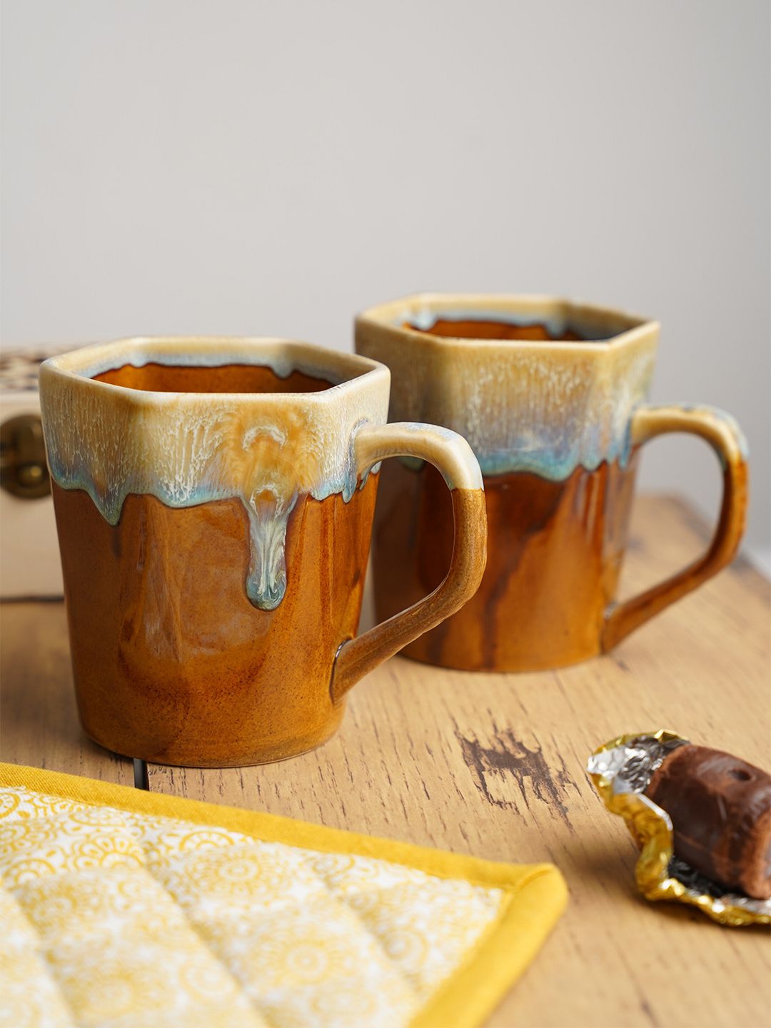 Folkstorys Set Of 2 Brown & Blue Printed Ceramic Glossy Coffee Mugs Price in India