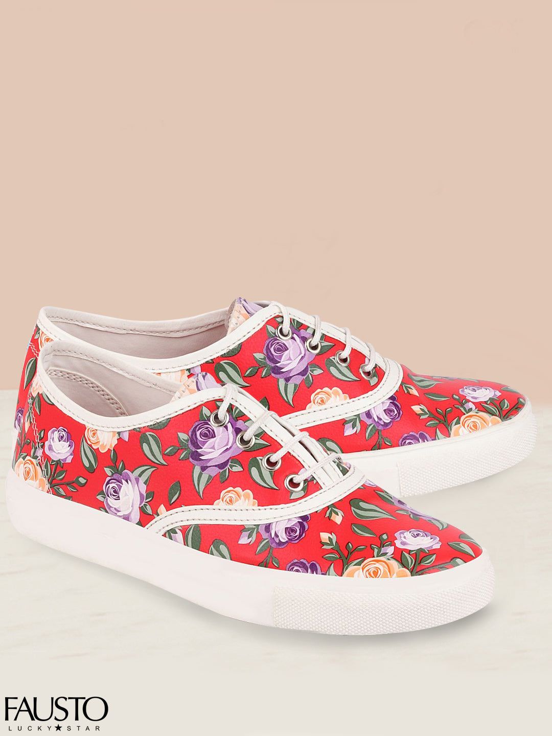 FAUSTO Women Red Printed PU Sneakers Price in India