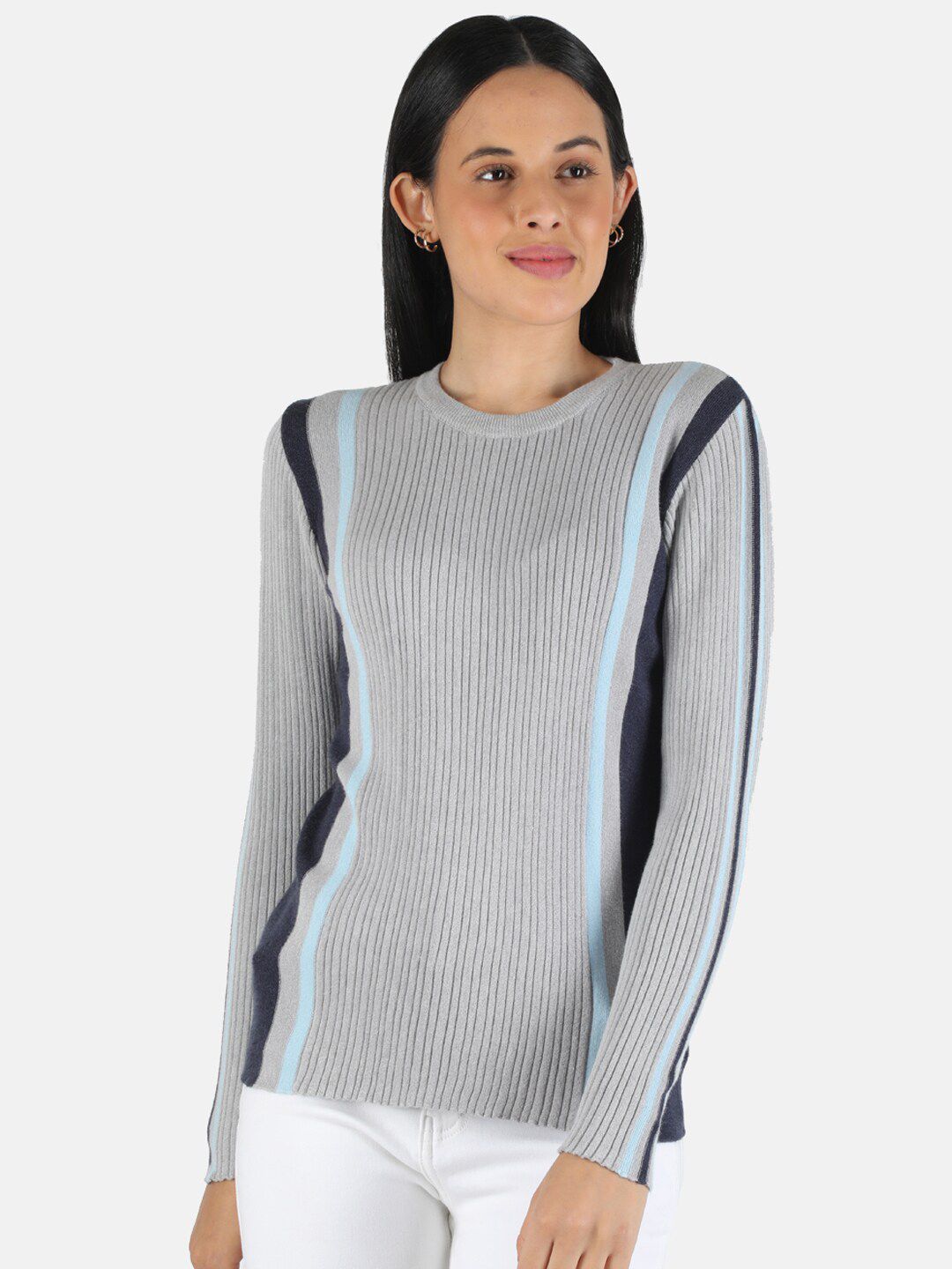 Monte Carlo Women Grey & Blue Ribbed Pullover Price in India