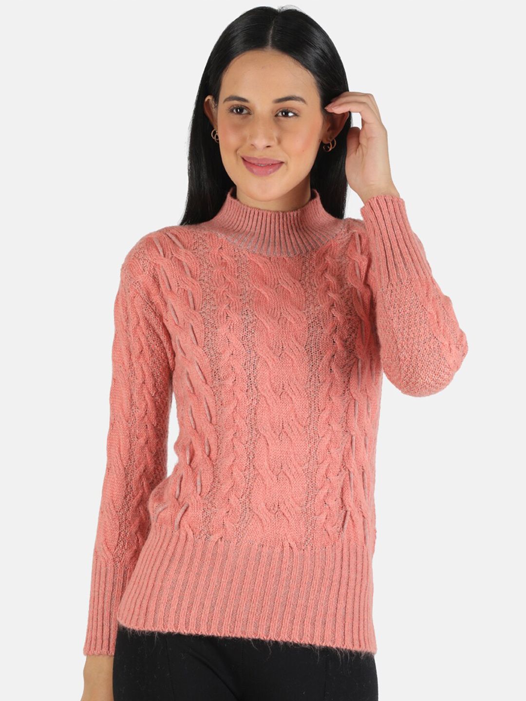 Monte Carlo Women Pink Cable knit Wool Pullover Price in India
