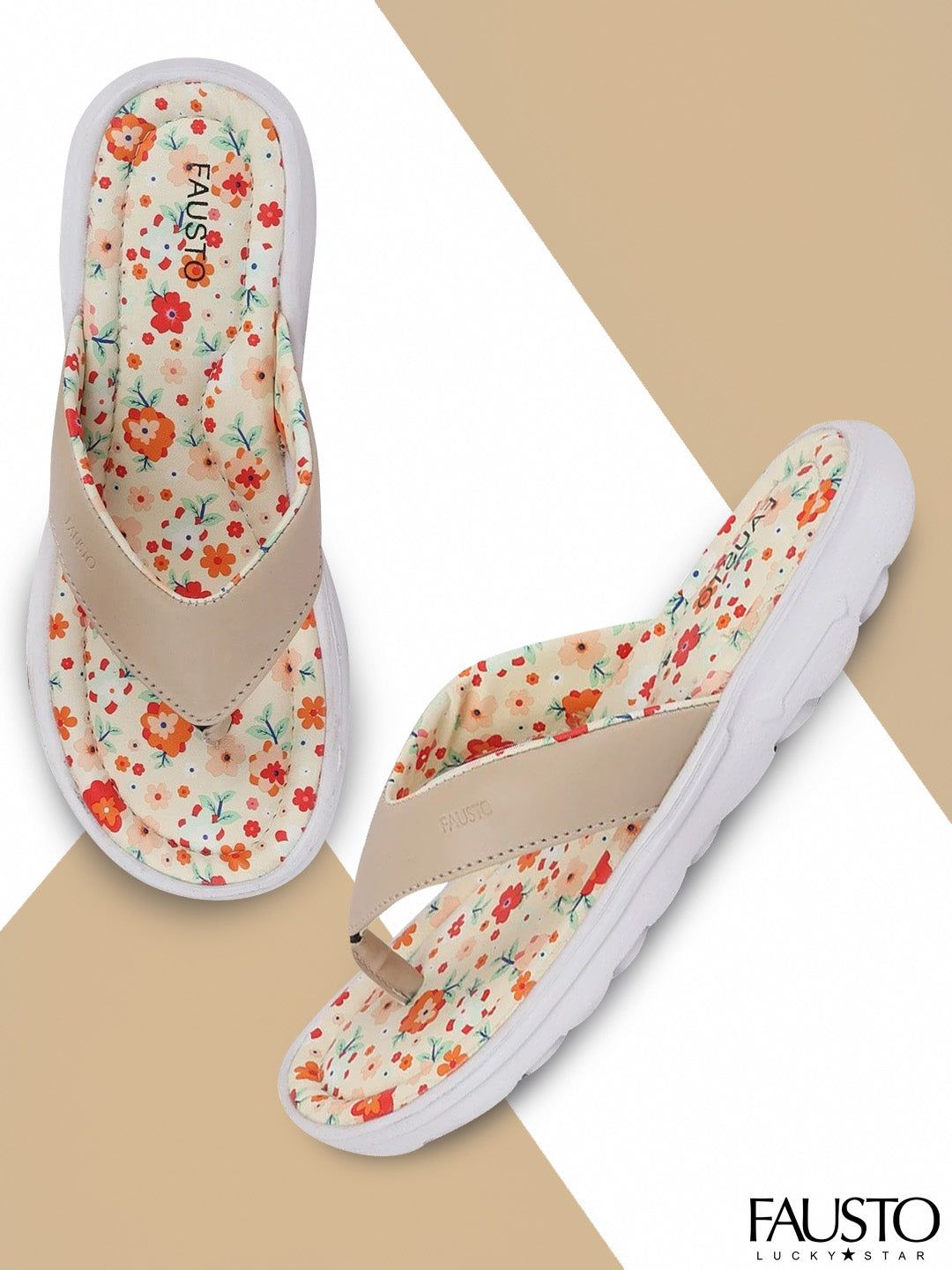 FAUSTO Women Beige & Orange Printed Thong Flip-Flops Slippers Price in India