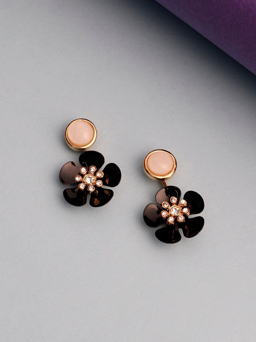 Lilly & sparkle Black & Pink Gold-Plated Floral Drop Earrings Price in India