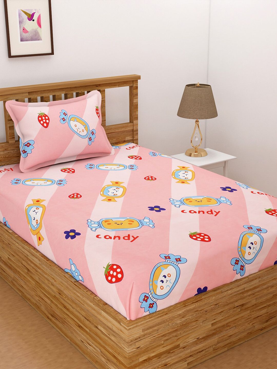 Florida Pink & Blue Graphic 144 TC King Bedsheet with 1 Pillow Covers Price in India