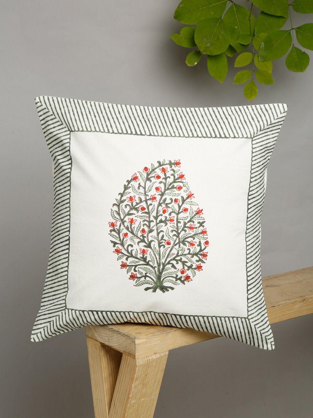 EK BY EKTA KAPOOR Off-White & Green Ethnic Motifs Printed Cotton Square Cushion Cover Price in India