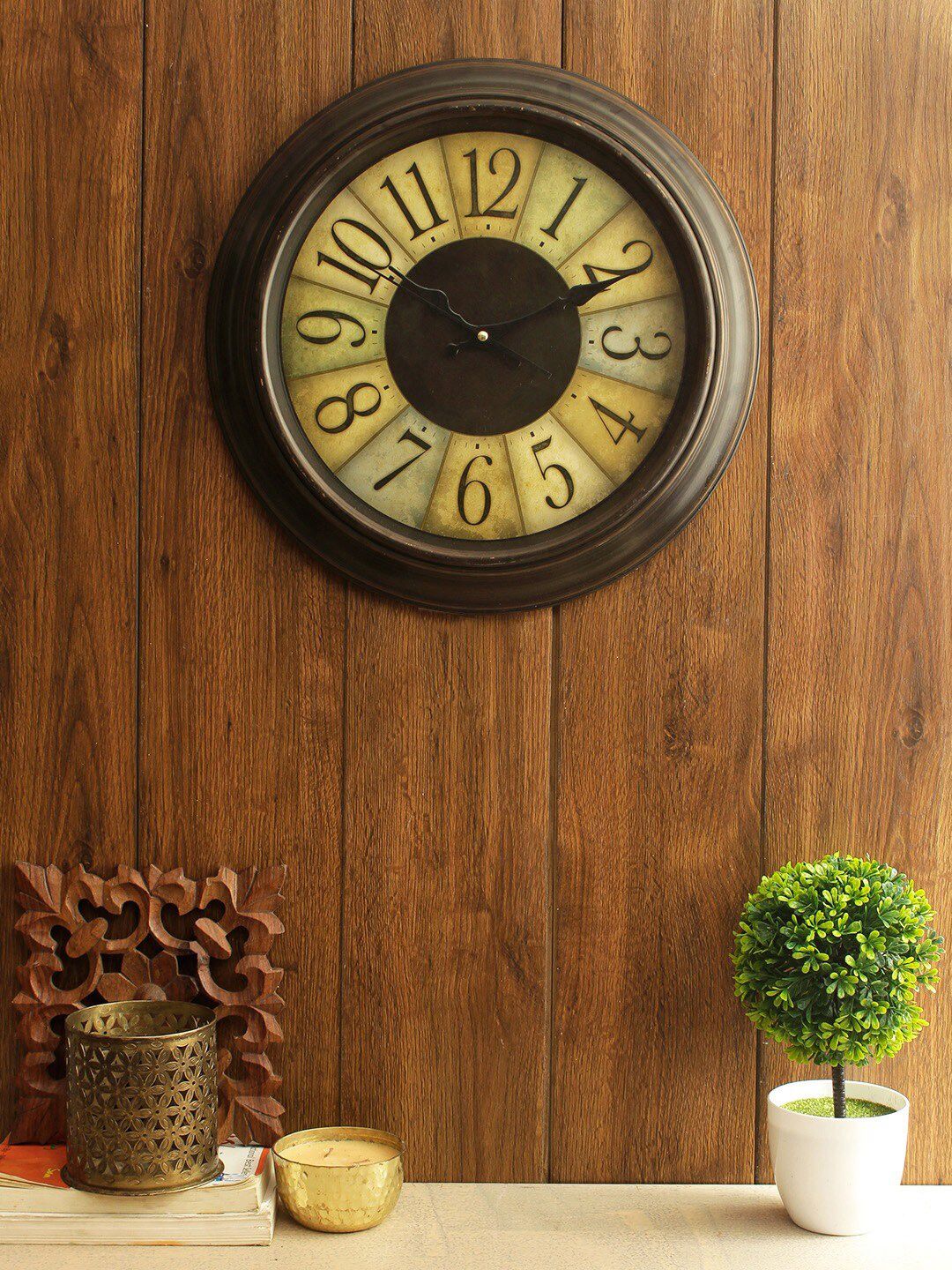 House Of Accessories Brown & Yellow Printed Vintage Analogue Wall Clock Price in India