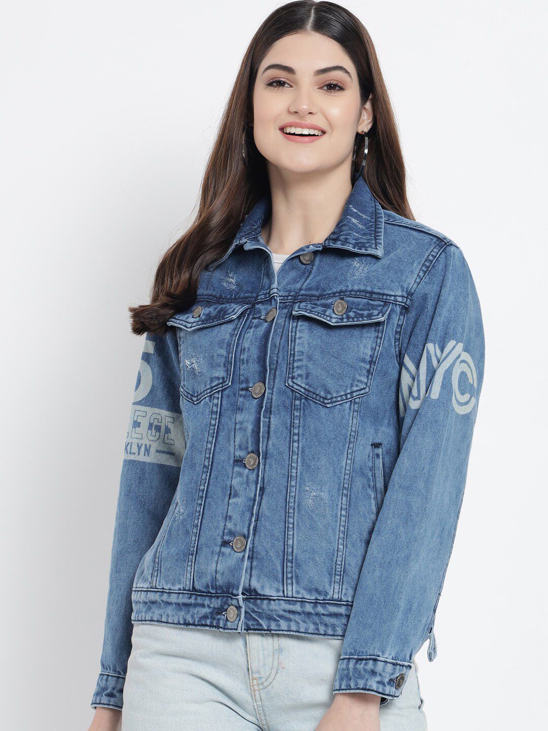 The Dry State Women Blue Washed Longline Denim Jacket Price in India