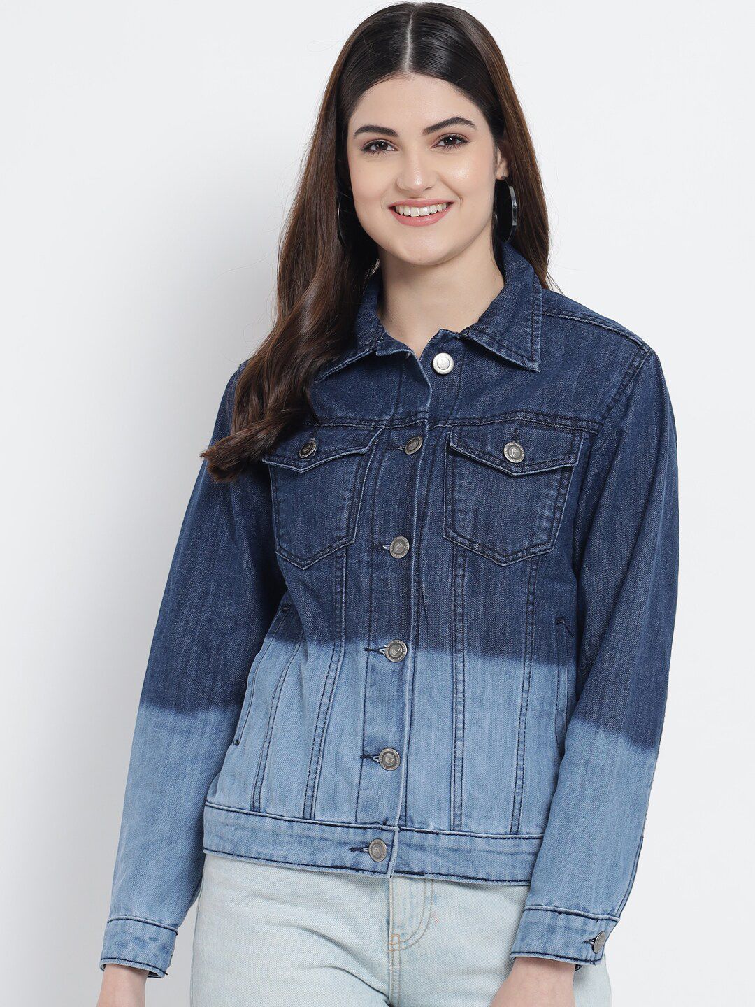 The Dry State Women Blue Washed Colourblocked Denim Jacket Price in India