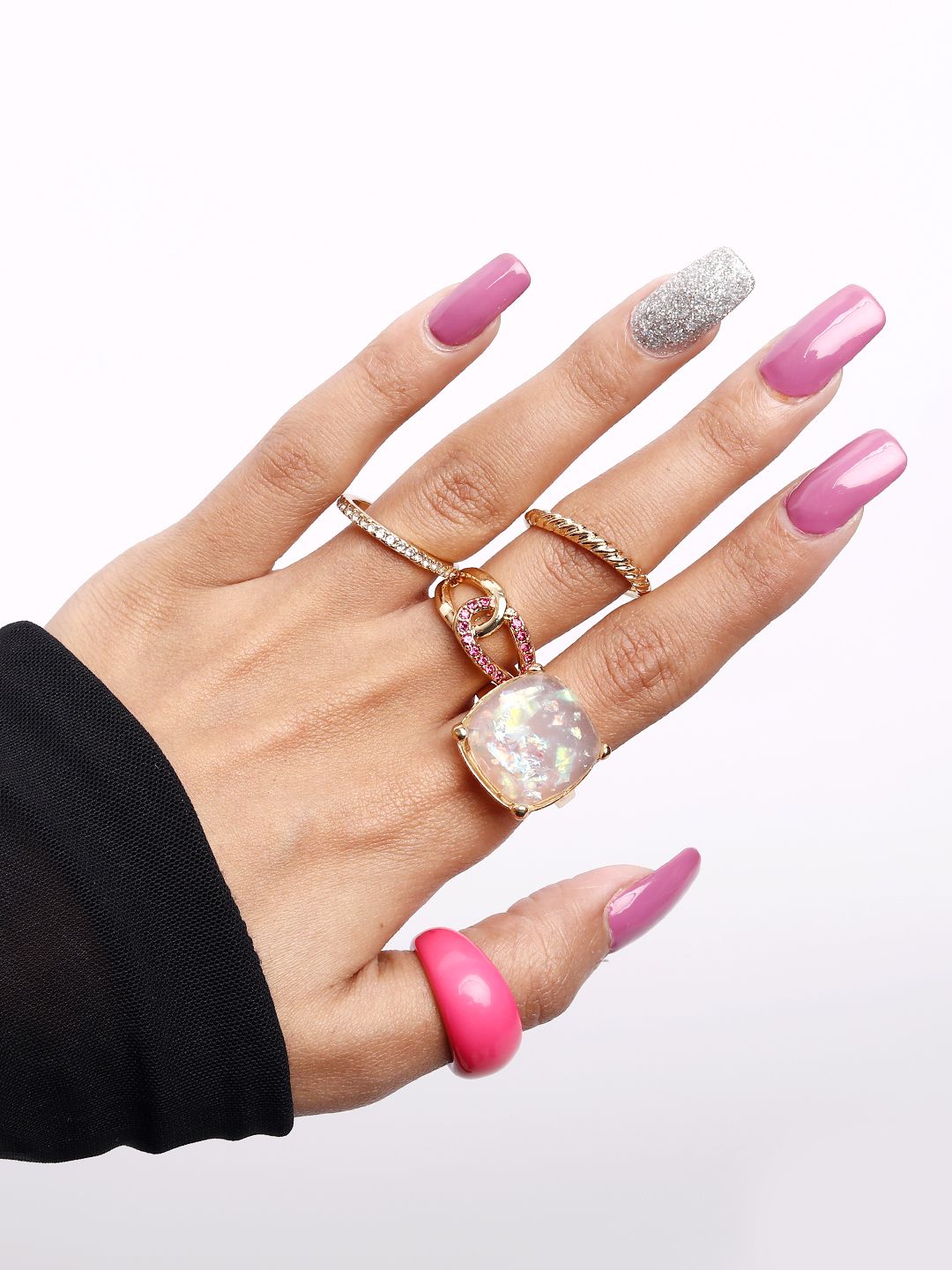 Lilly & sparkle Women Pink & Gold-Toned Set of 5 Crystal Studded Finger Rings Price in India