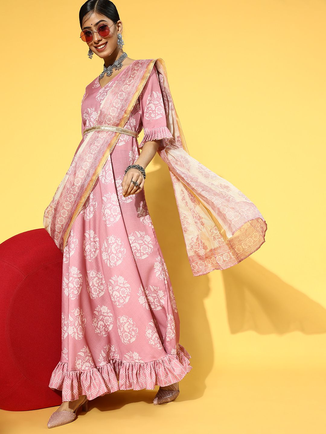 Yufta Women Pretty Pink Ethnic Motifs Draped Luxe Dress Price in India