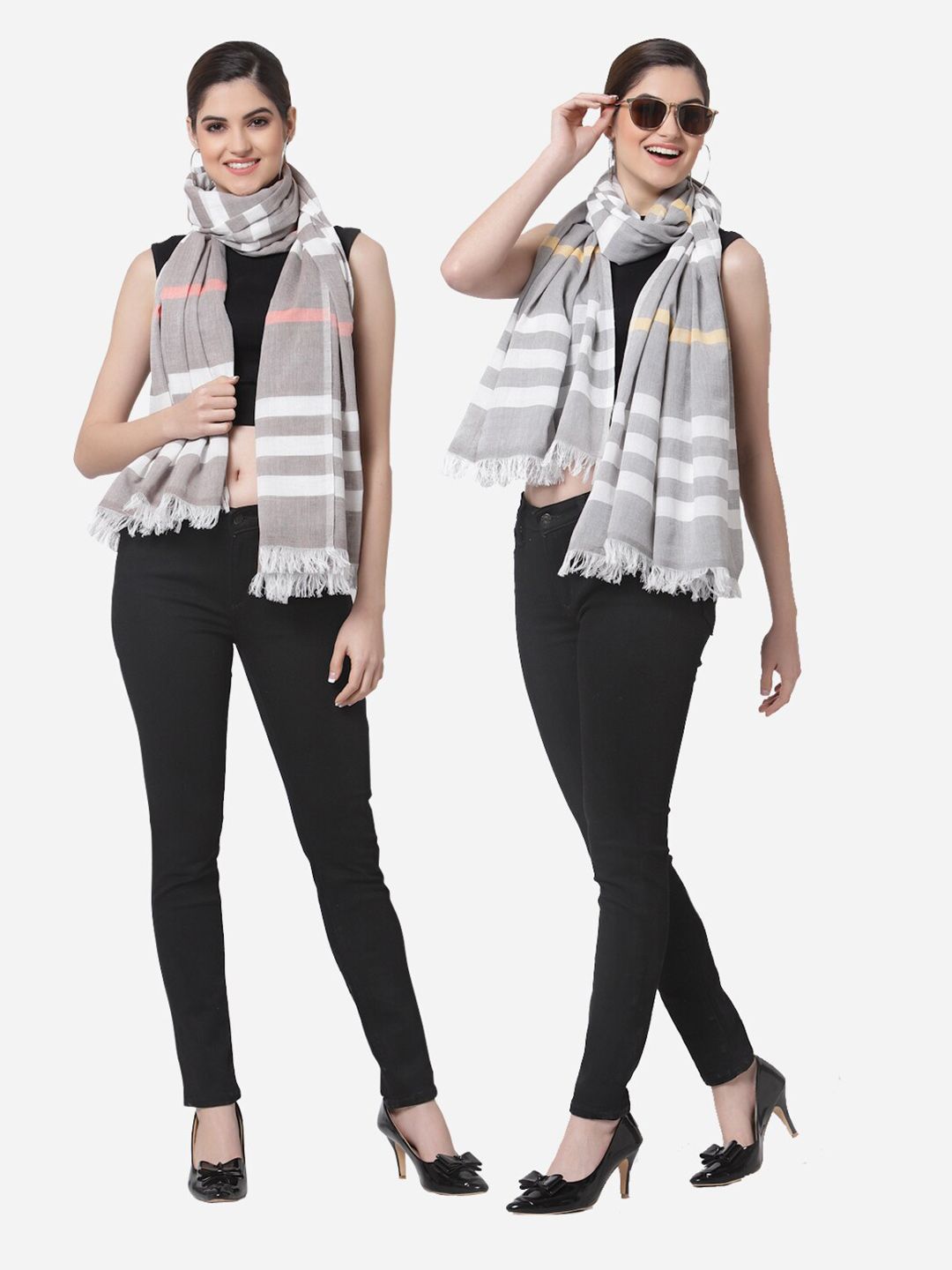 Arrabi Women Pack Of 2 Grey & White Striped Cotton Stole Price in India