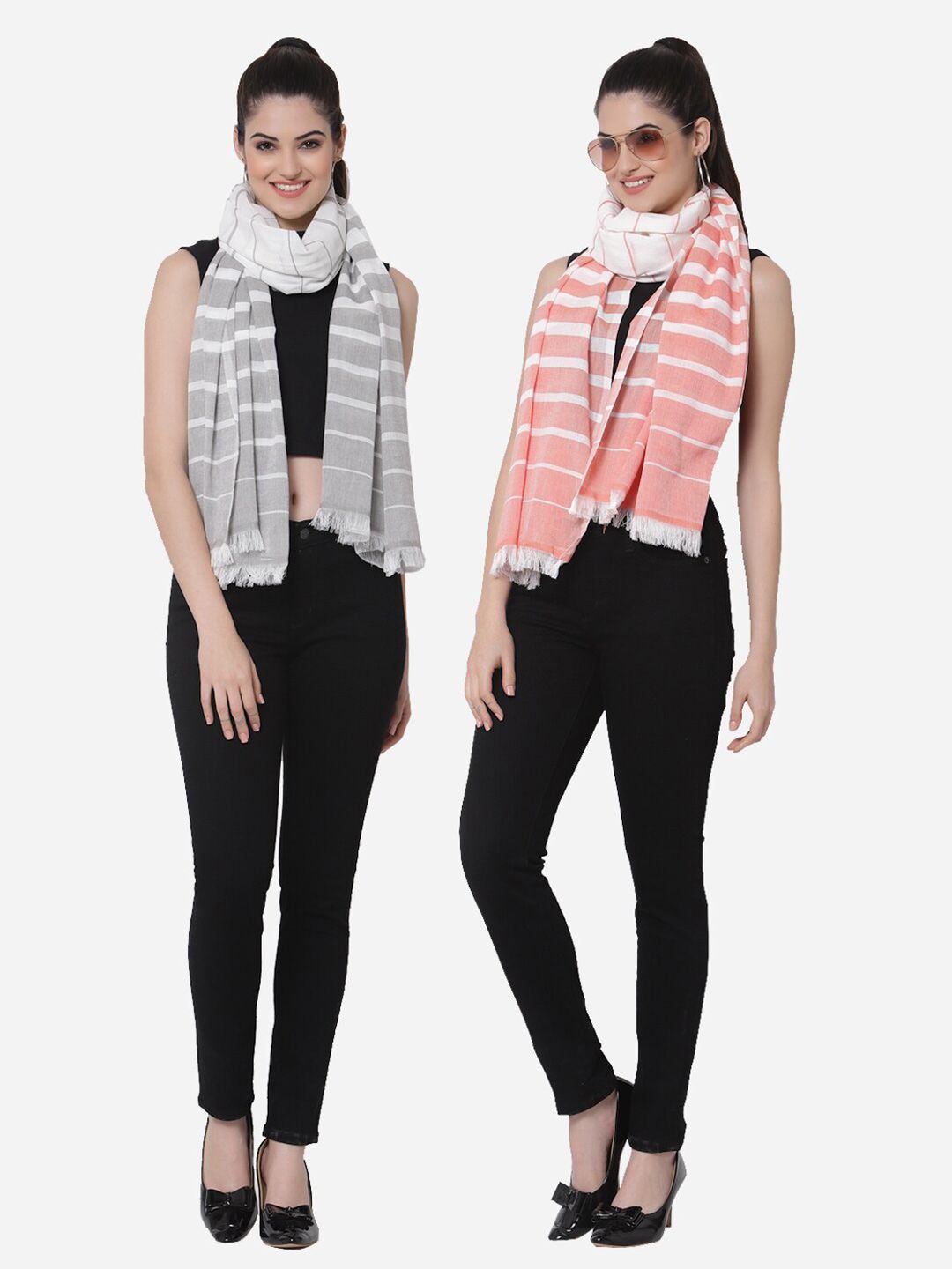 Arrabi Women Pack of 2 Grey & Peach-Coloured Striped Cotton Stoles Price in India