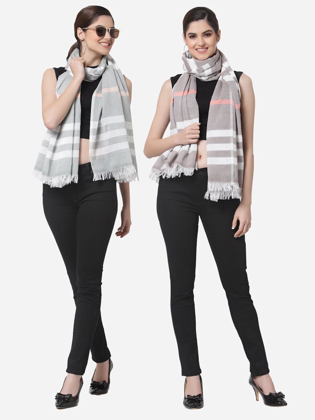 Arrabi Women Pack of 2 Grey & White Striped Cotton Stole Price in India