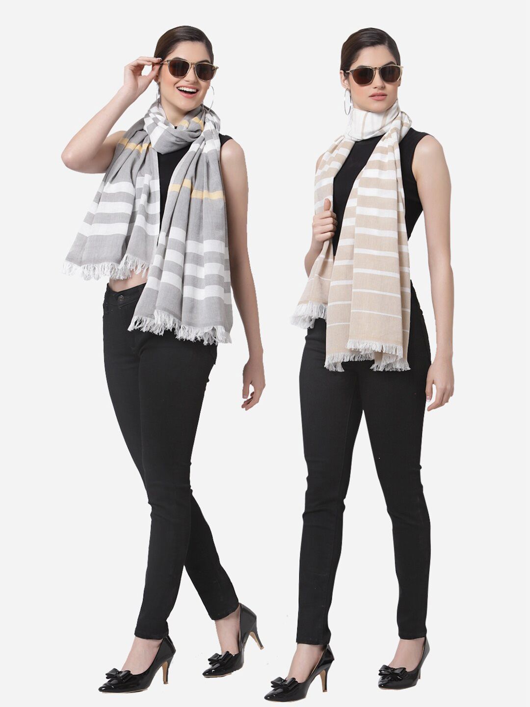 Arrabi Women Pack Of 2 Grey & White Cotton Stoles Price in India