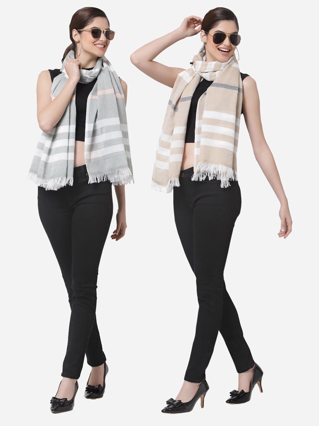 Arrabi Women Pack of 2 Grey & White Striped Cotton Stole Price in India