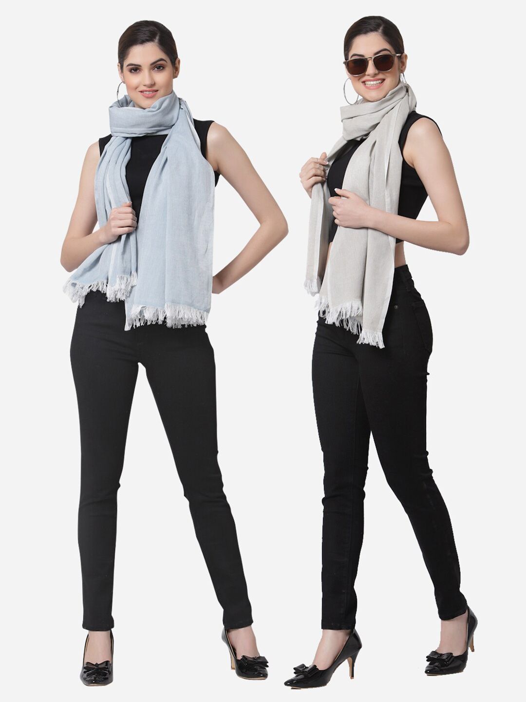 Arrabi Women Set Of 2 Blue & Grey Solid Cotton Stoles Price in India