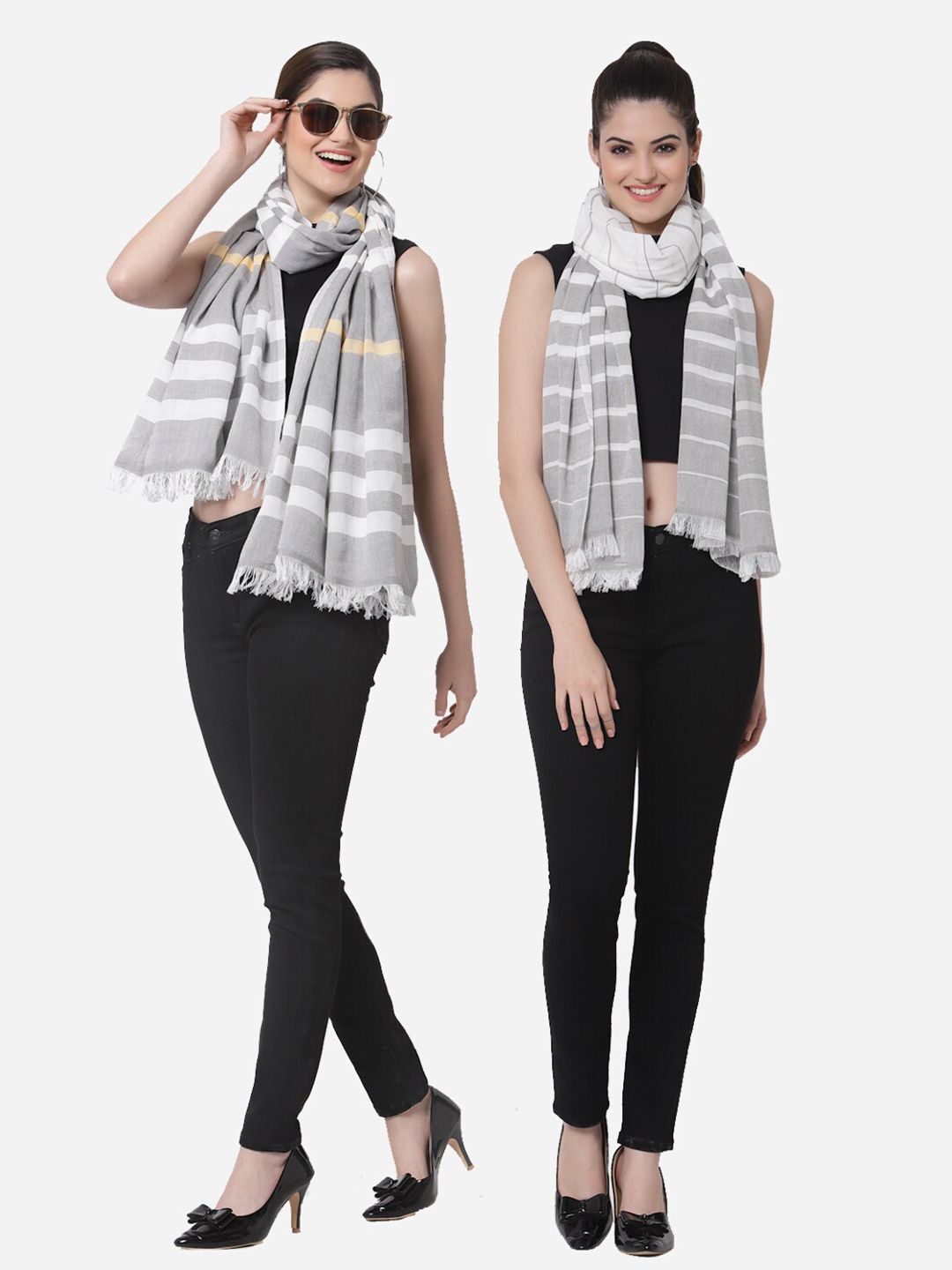 Arrabi Women Pack Of 2 Grey & White Striped Cotton Stole Price in India