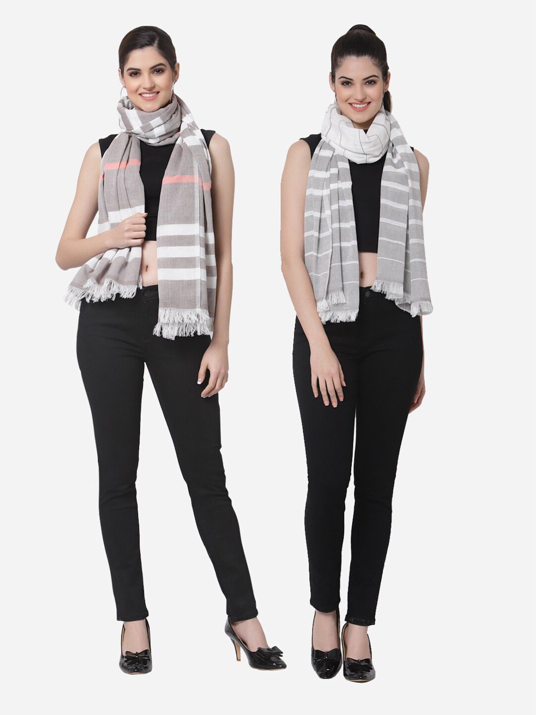 Arrabi Women Pack of 2 Grey & White Striped Cotton Stoles Price in India