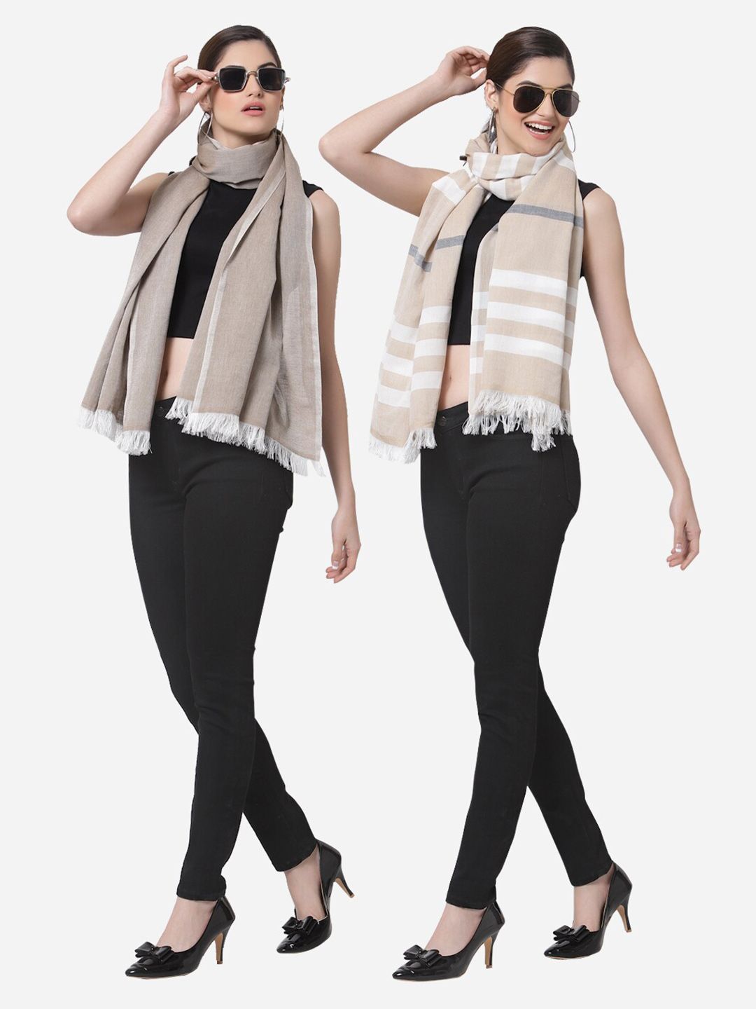 Arrabi Set Of 2 Women Grey & Beige Cotton Stole Price in India