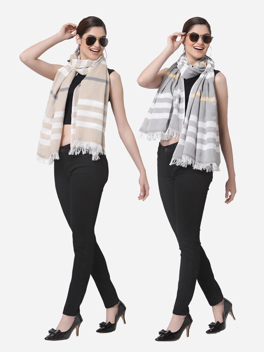 Arrabi Women Pack of 2 Striped Cotton Stoles Price in India