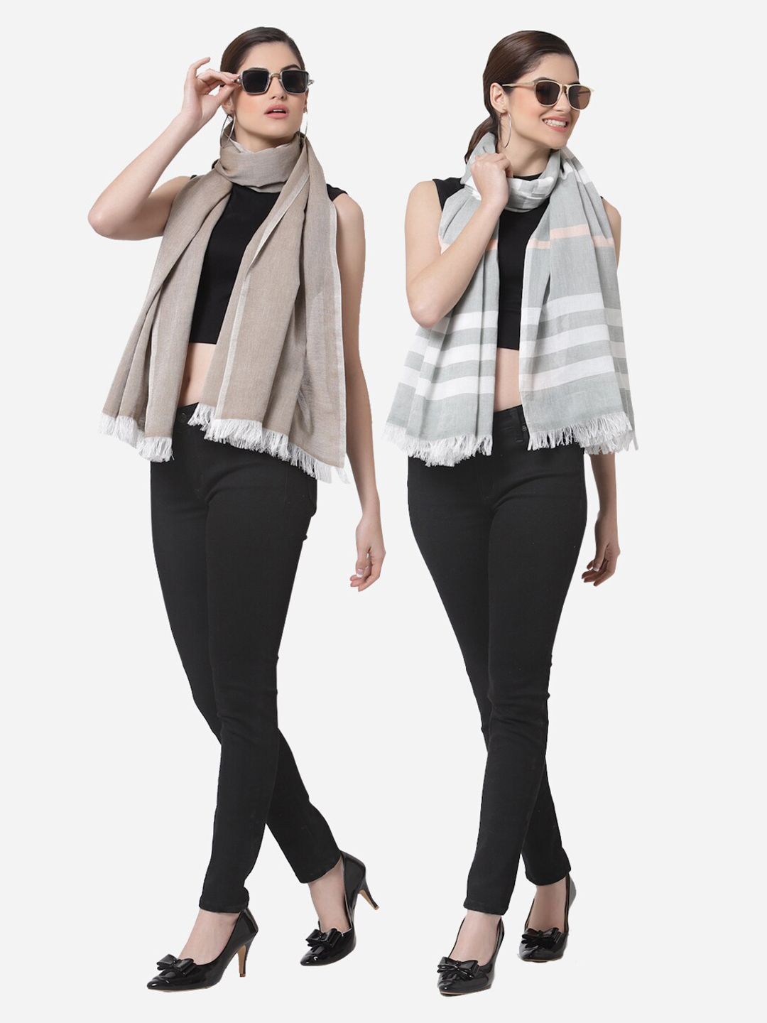 Arrabi Women Pack Of 2 Grey & White Stole Price in India