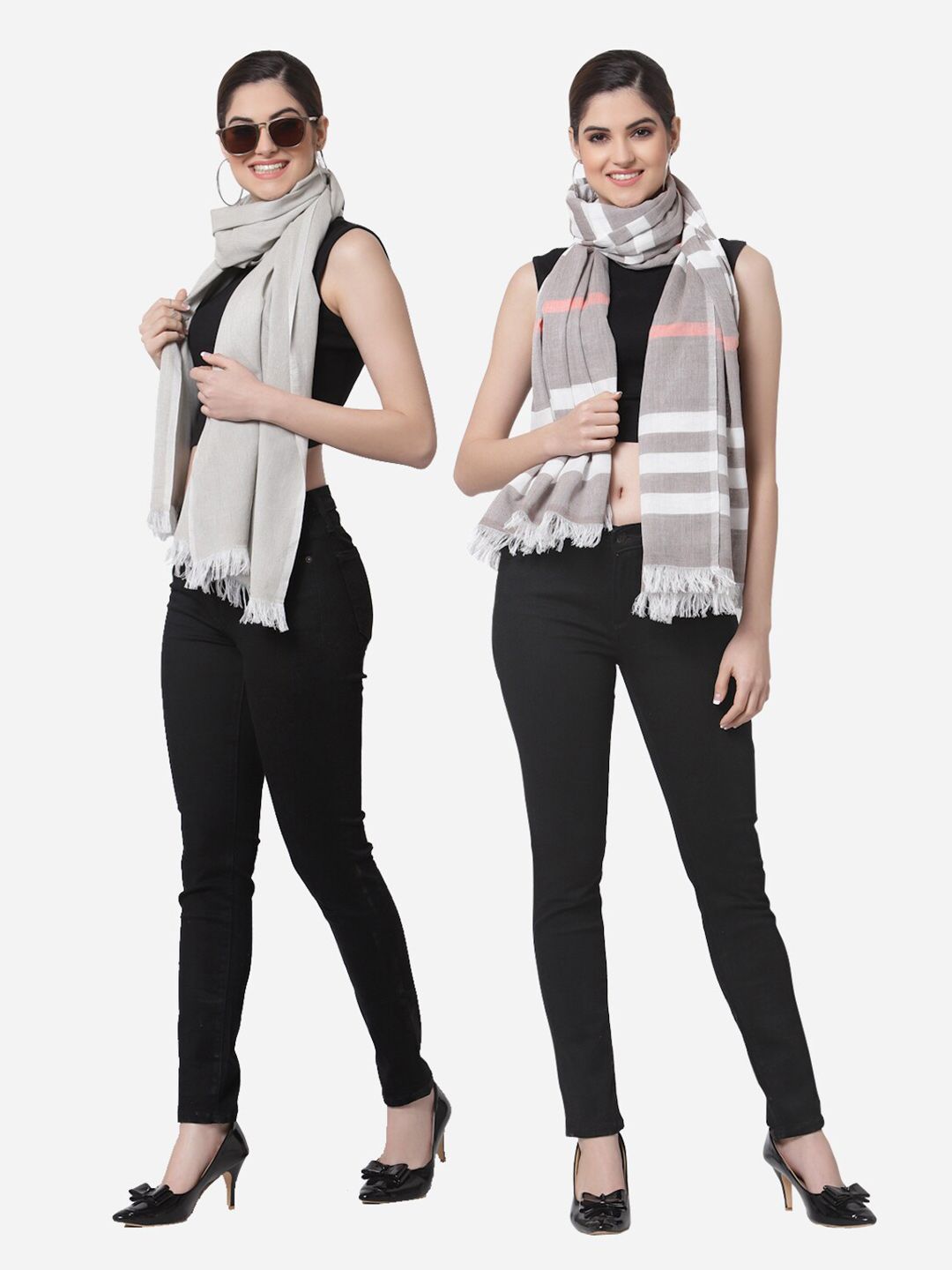 Arrabi Women Set Of 2 Grey Striped Cotton Stoles Price in India