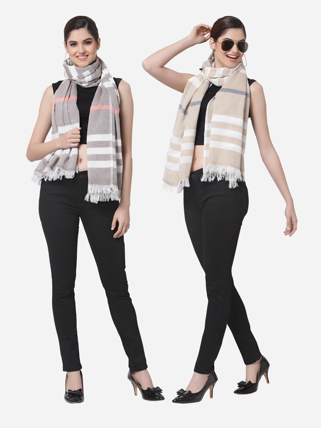 Arrabi Women Pack Of 2 Grey & White Striped Cotton Stole Price in India