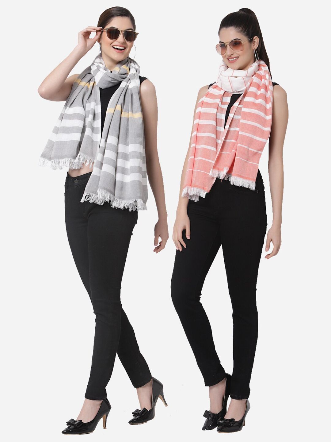 Arrabi Women Pack Of 2 Grey & Pink Striped Cotton Stole Price in India