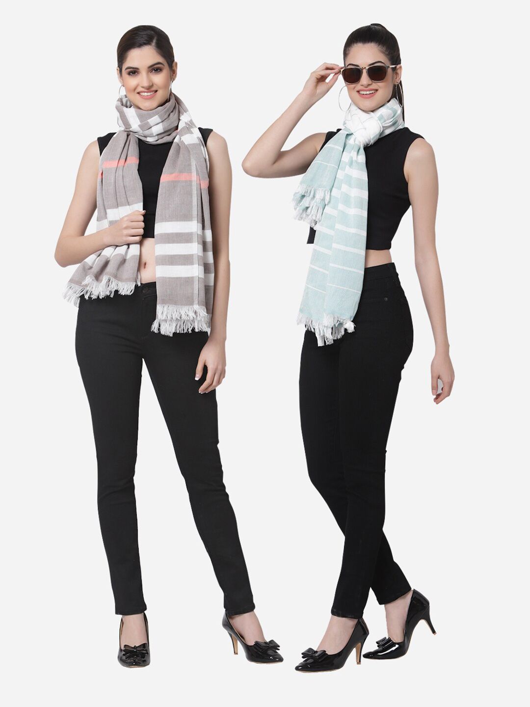 Arrabi Women Pack of 2 Grey & Blue Striped Stole Price in India